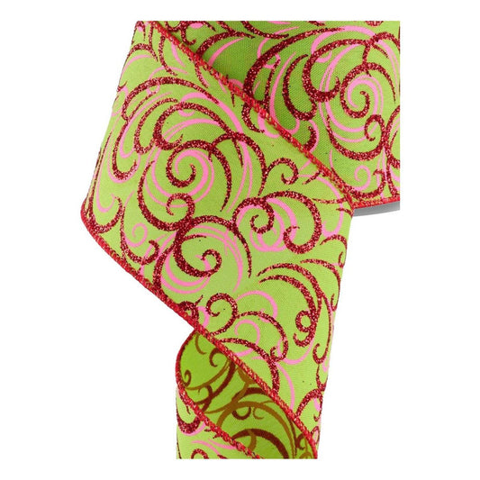 2.5" Multi Swirls Glitter Ribbon: Lime Green/Pink/Red (10 Yard)