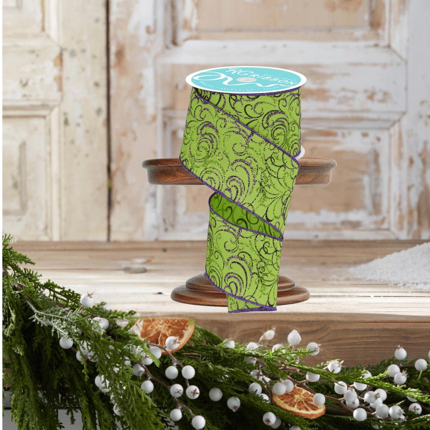 2.5" Multi Swirls Glitter Ribbon: Lime Green/Purple (10 Yard)