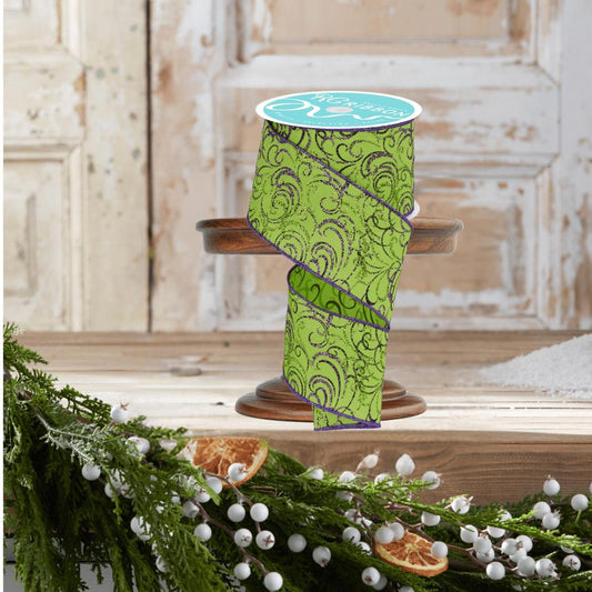 2.5" Multi Swirls Glitter Ribbon: Lime Green/Purple (10 Yard)