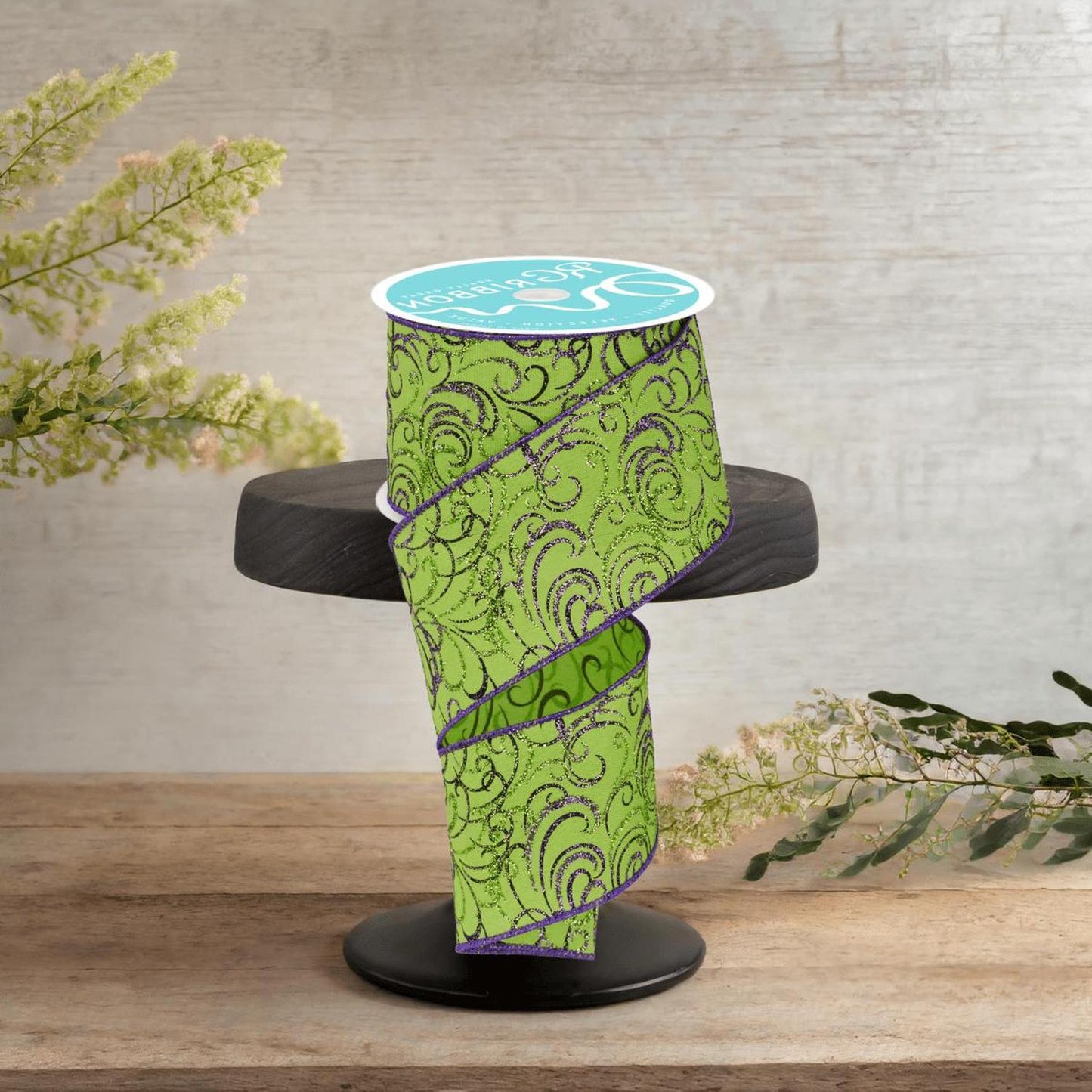 2.5" Multi Swirls Glitter Ribbon: Lime Green/Purple (10 Yard)