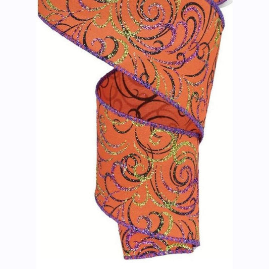 2.5" Multi Swirls Glitter Ribbon: Orange/Black/Purple (10 Yard)