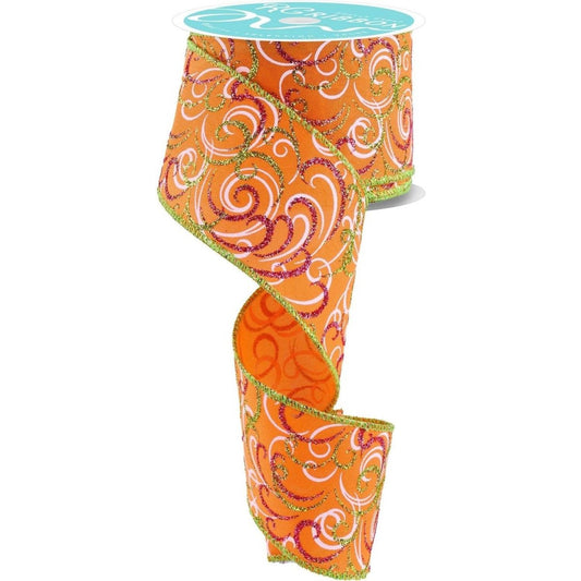 2.5" Multi Swirls Glitter Ribbon: Orange/Pink/Lime (10 Yard)