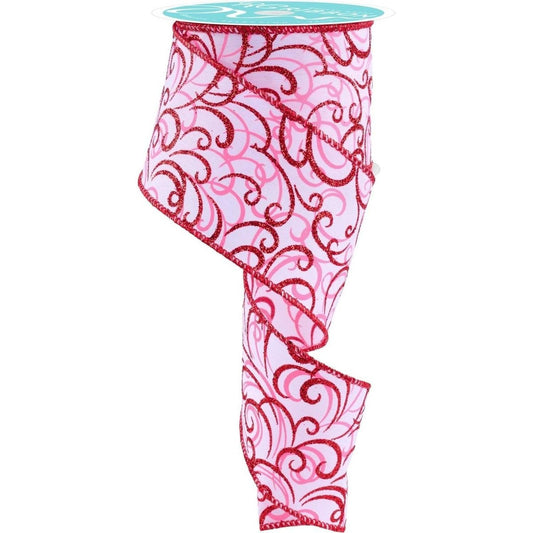2.5" Multi Swirls Glitter Ribbon: White/Pink/Red (10 Yard)