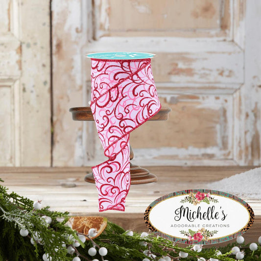 2.5" Multi Swirls Glitter Ribbon: White/Pink/Red (10 Yard)