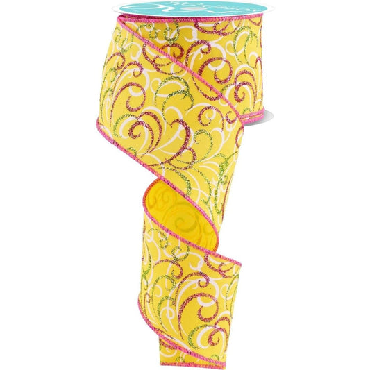 2.5" Multi Swirls Glitter Ribbon: Yellow/Pink/Lime (10 Yard)