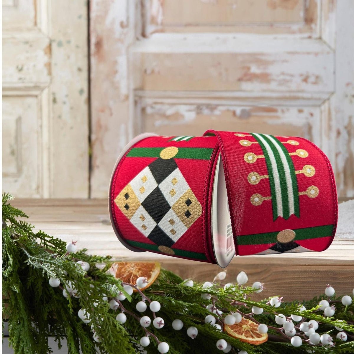 2.5" Nutcracker Stripes & Patterns Ribbon: Red & Green (10 Yards)