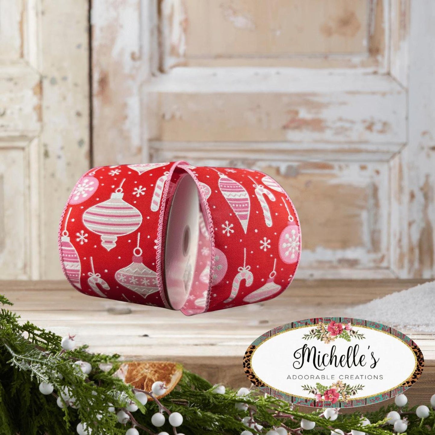 2.5" Ornament Ribbon: Red, Pink, and White (10 Yards)