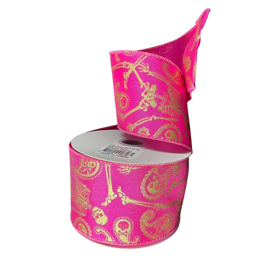 2.5" Paisley Skull Halloween Ribbon: Fuchsia (10 Yards)