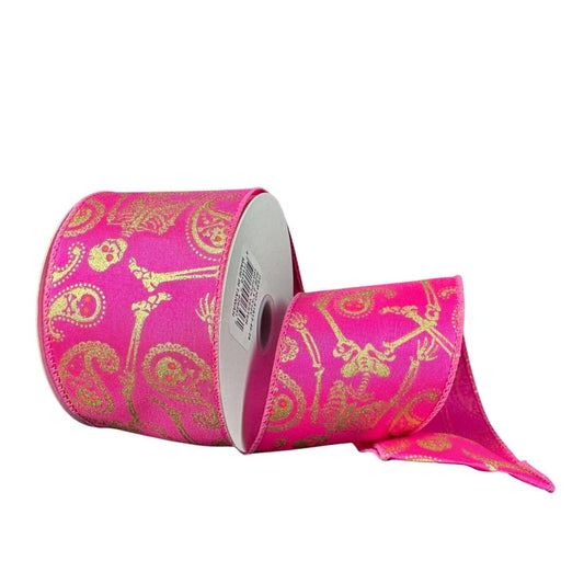 2.5" Paisley Skull Halloween Ribbon: Fuchsia (10 Yards)