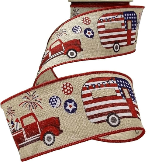 2.5" Patriotic Truck Camper Ribbon: Natural (10 Yards)