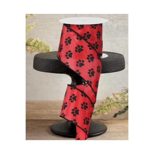 2.5" Paw Print Ribbon: Black & Red (10 Yards)