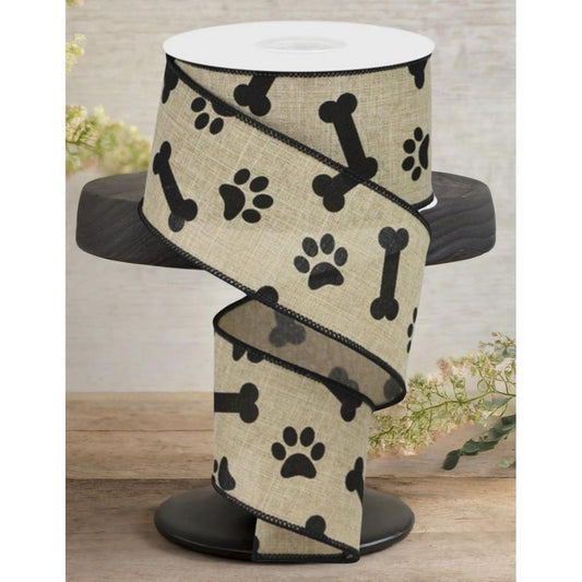 2.5" Paw Print Royal Ribbon: Light Beige & Black (10 Yards)