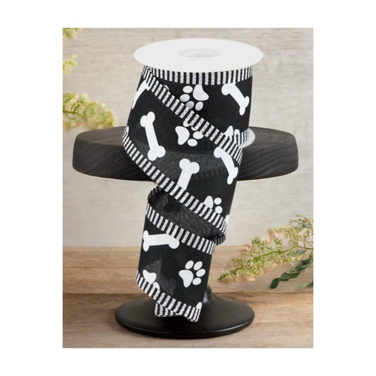 2.5" Paw Print Thin Stripe Ribbon: Black & White (10 Yards)