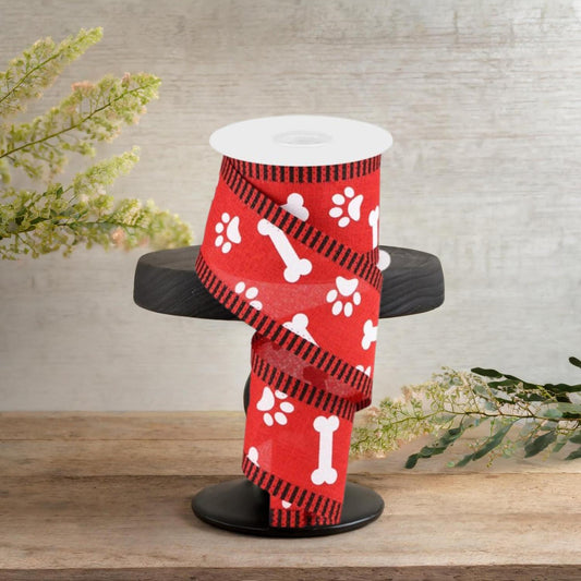 2.5" Paw Print Thin Stripe Ribbon: Red & White (10 Yards)