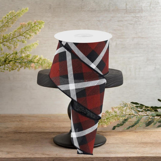 2.5" Printed Plaid Ribbon: Black, Red and White