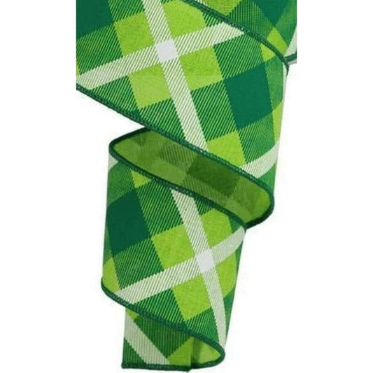 2.5" Printed Plaid Ribbon: Lime Green, Green, White (10 Yards)