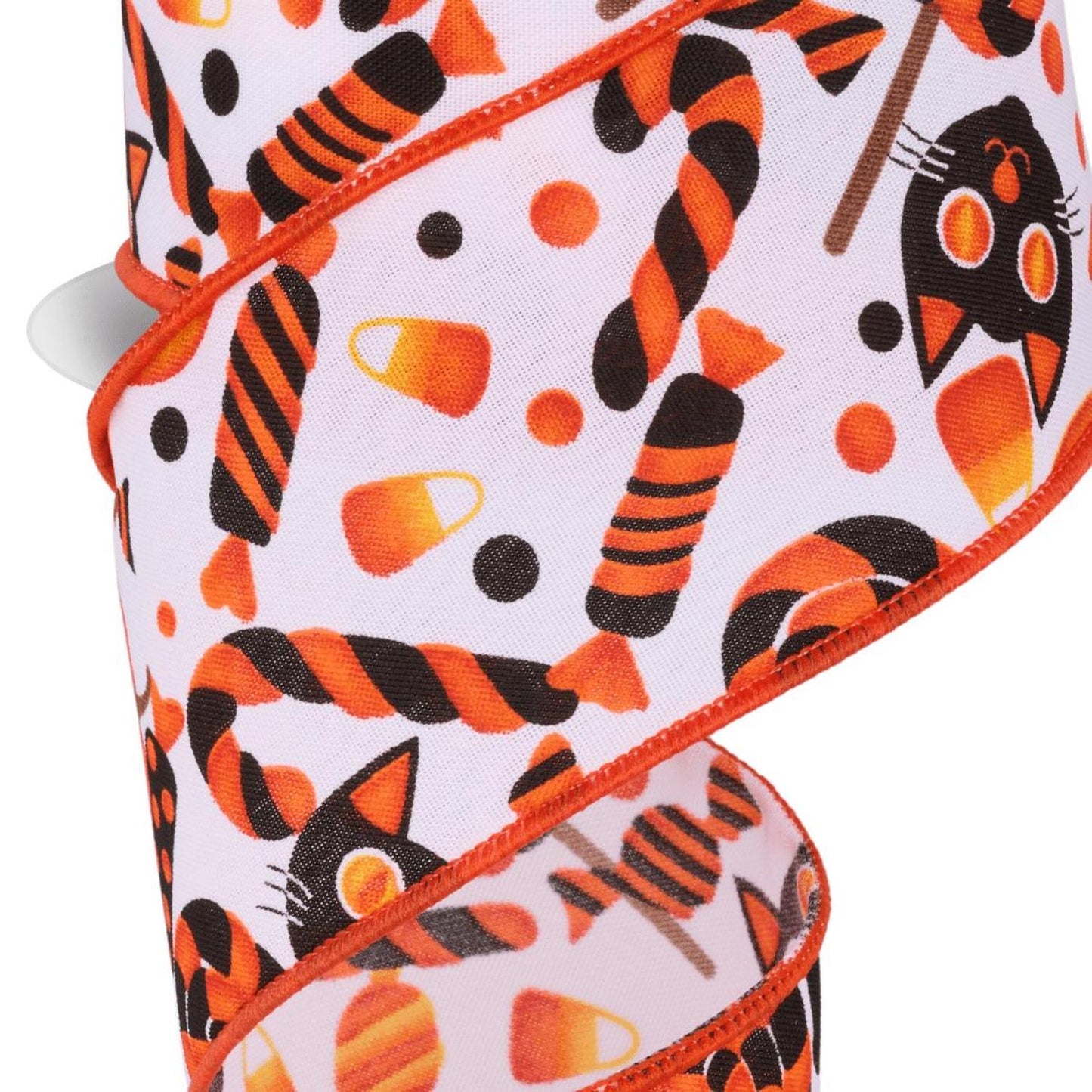 2.5" Pumpkin Cat Candy Ribbon: White (10 Yards)