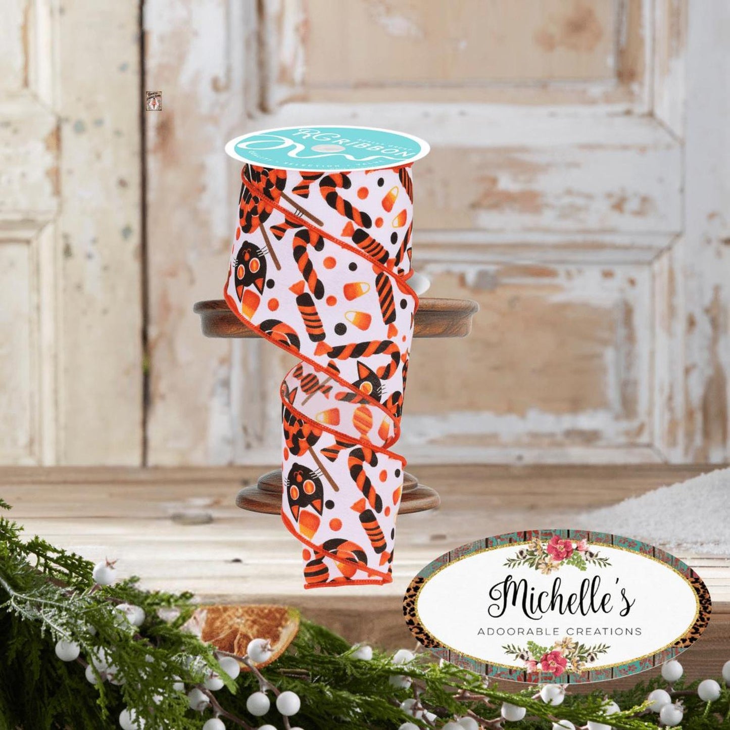2.5" Pumpkin Cat Candy Ribbon: White (10 Yards)