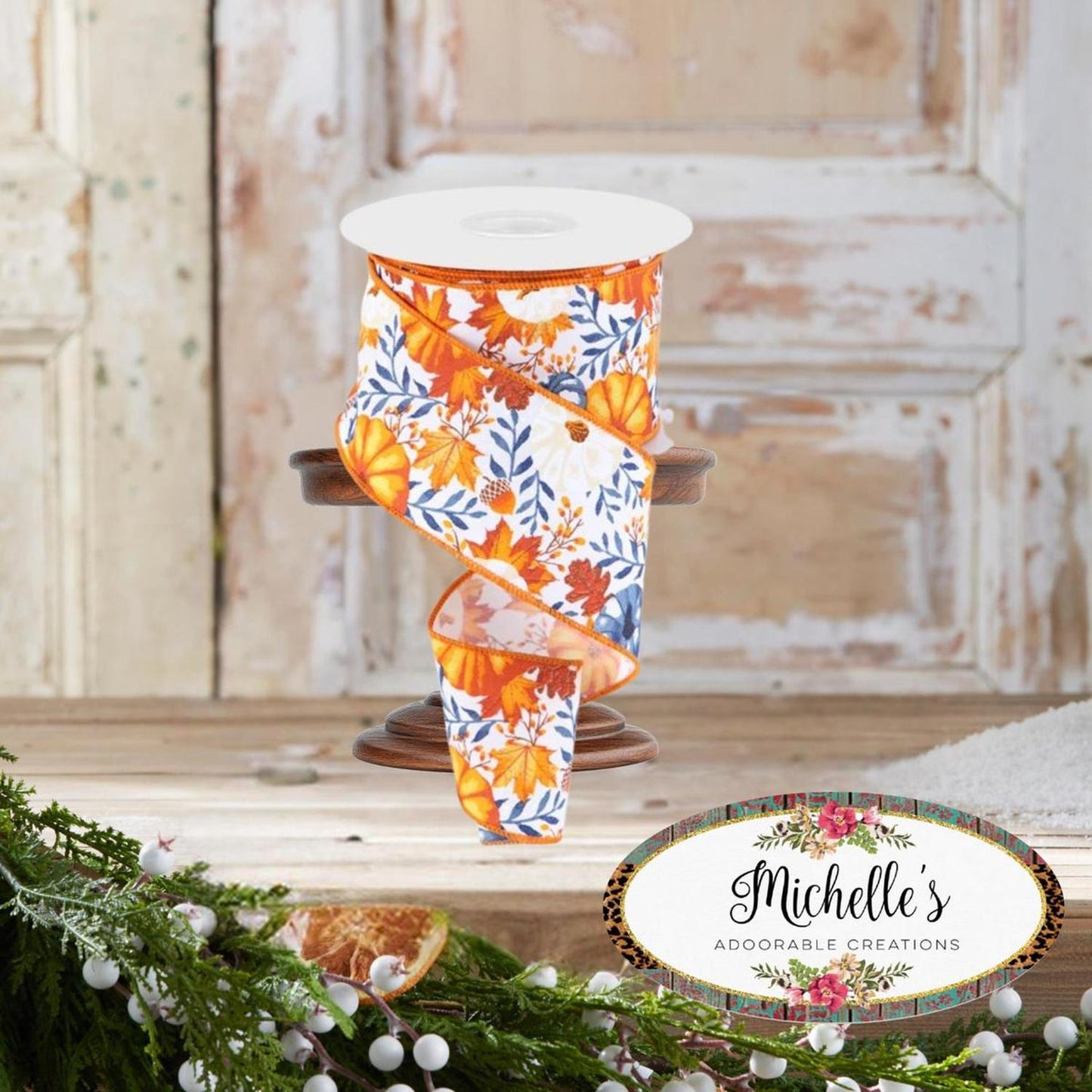 2.5" Pumpkin Foliage Ribbon: White/Navy (10 Yards)