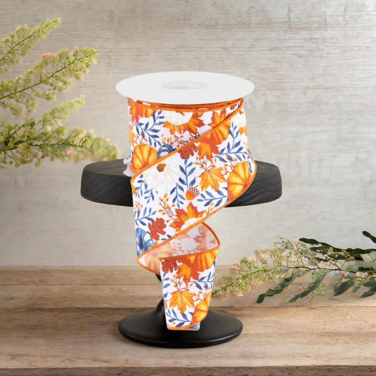 2.5" Pumpkin Foliage Ribbon: White/Navy (10 Yards)