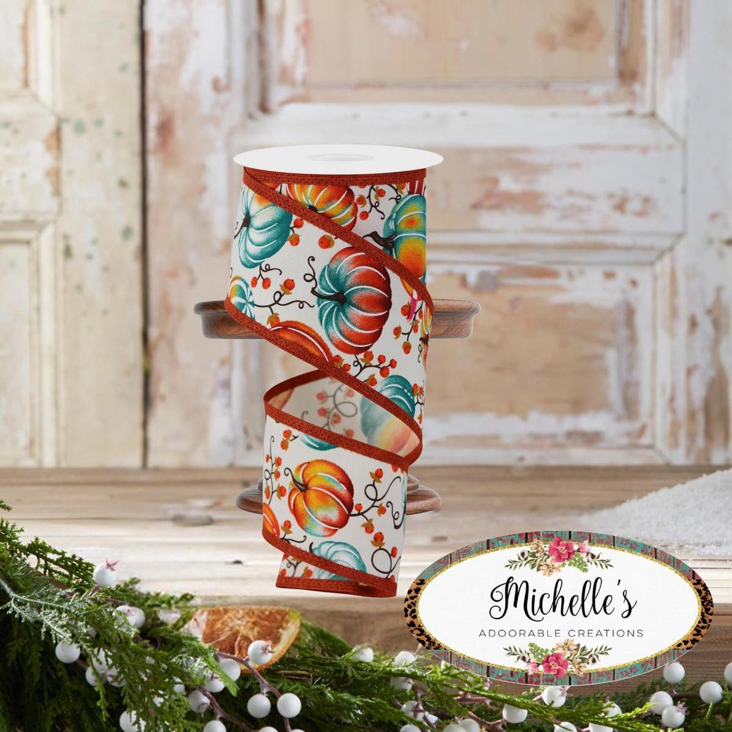 2.5" Pumpkins Bittersweet Ribbon: Ivory/Teal (10 Yards)