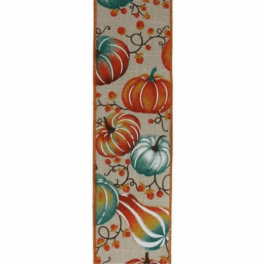 2.5" Pumpkins Bittersweet Ribbon: Light Natural/Teal (10 Yards)