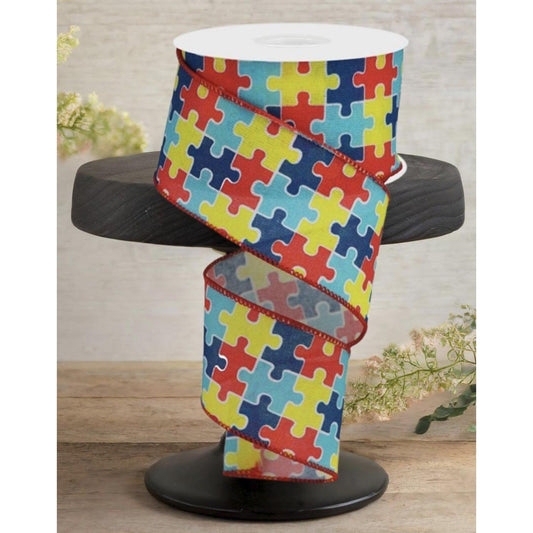2.5" Puzzle Piece Royal Ribbon: Autism Awareness (10 Yards)