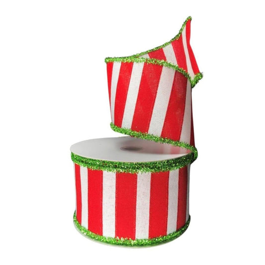 2.5" Red White Stripe Tinsel Ribbon: Lime Green (10 Yards)