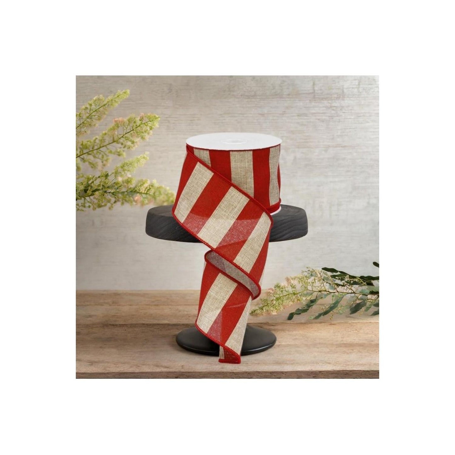 2.5" Royal Canvas Wide Stripe Ribbon: Natural & Red (10 Yards)