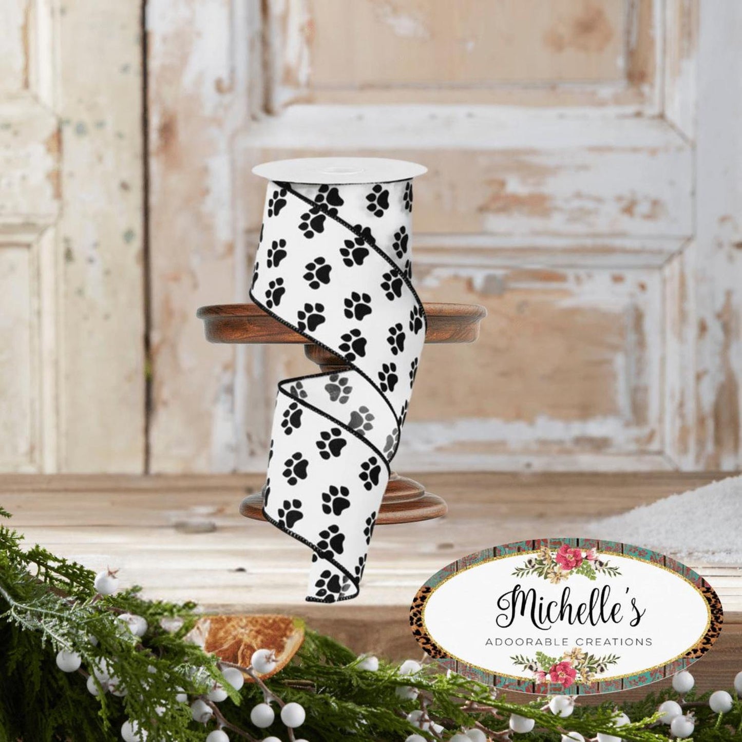 2.5" Satin Paw Print Ribbon: Black & White (10 Yards)