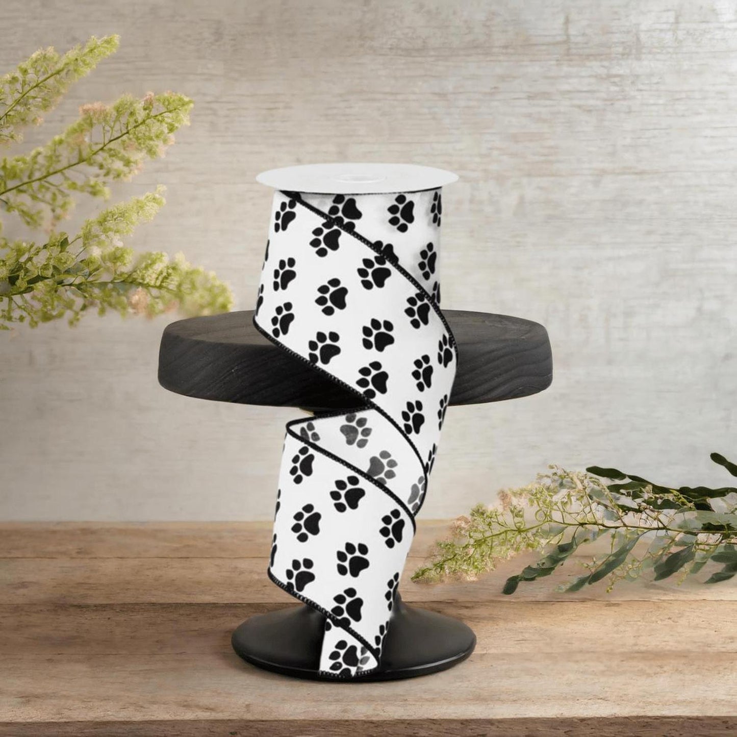 2.5" Satin Paw Print Ribbon: Black & White (10 Yards)