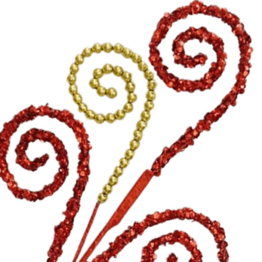 25" Sequin and Bead Swirl Spray: Red/Gold