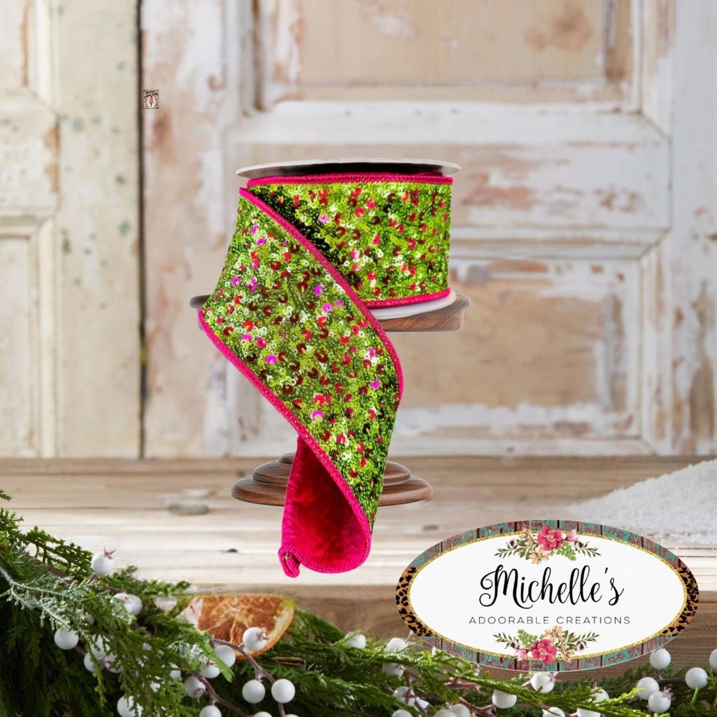 2.5" Sequin Treasure Ribbon: Hot Pink/Lime (5 Yards)