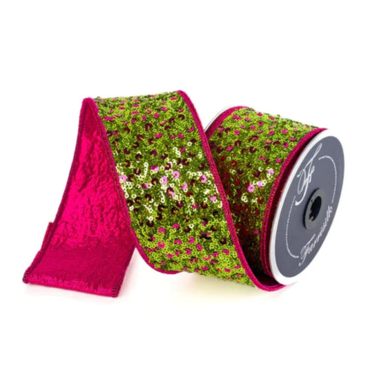 2.5" Sequin Treasure Ribbon: Hot Pink/Lime (5 Yards)