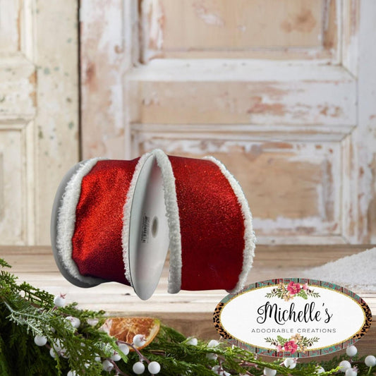2.5" Snow Edge Satin Glitter Ribbon: Red (10 Yards)