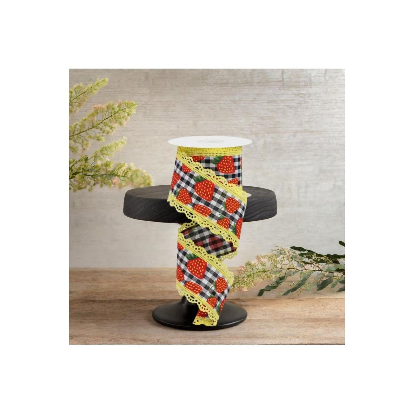 2.5" Strawberries Check Lace Ribbon: Black & White (10 Yards)