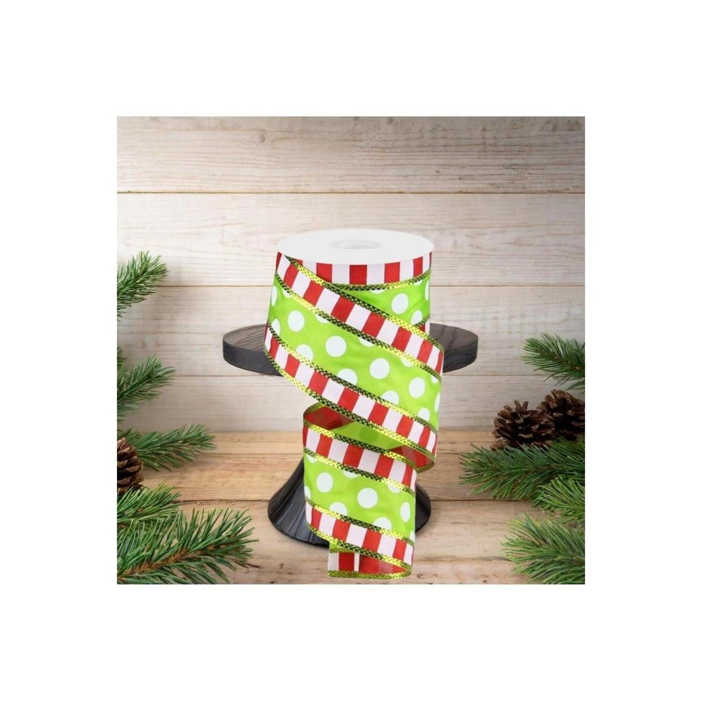 2.5" Striped Edge Polka Dot Ribbon: Red, Green & White (10 Yards)