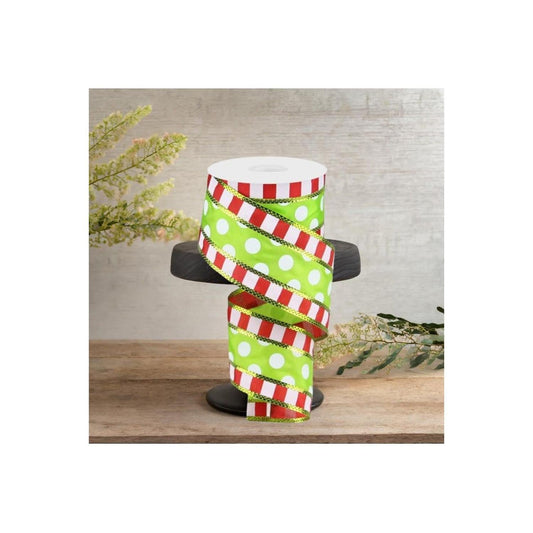 2.5" Striped Edge Polka Dot Ribbon: Red, Green & White (10 Yards)