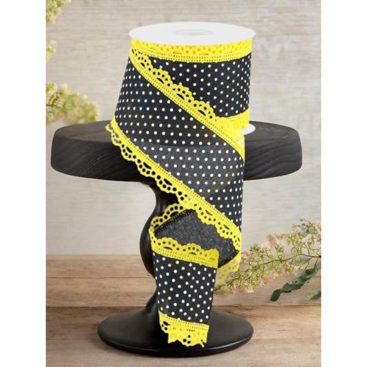 2.5" Swiss Dots Lace Edge Ribbon: Black/Yellow (10 Yards)
