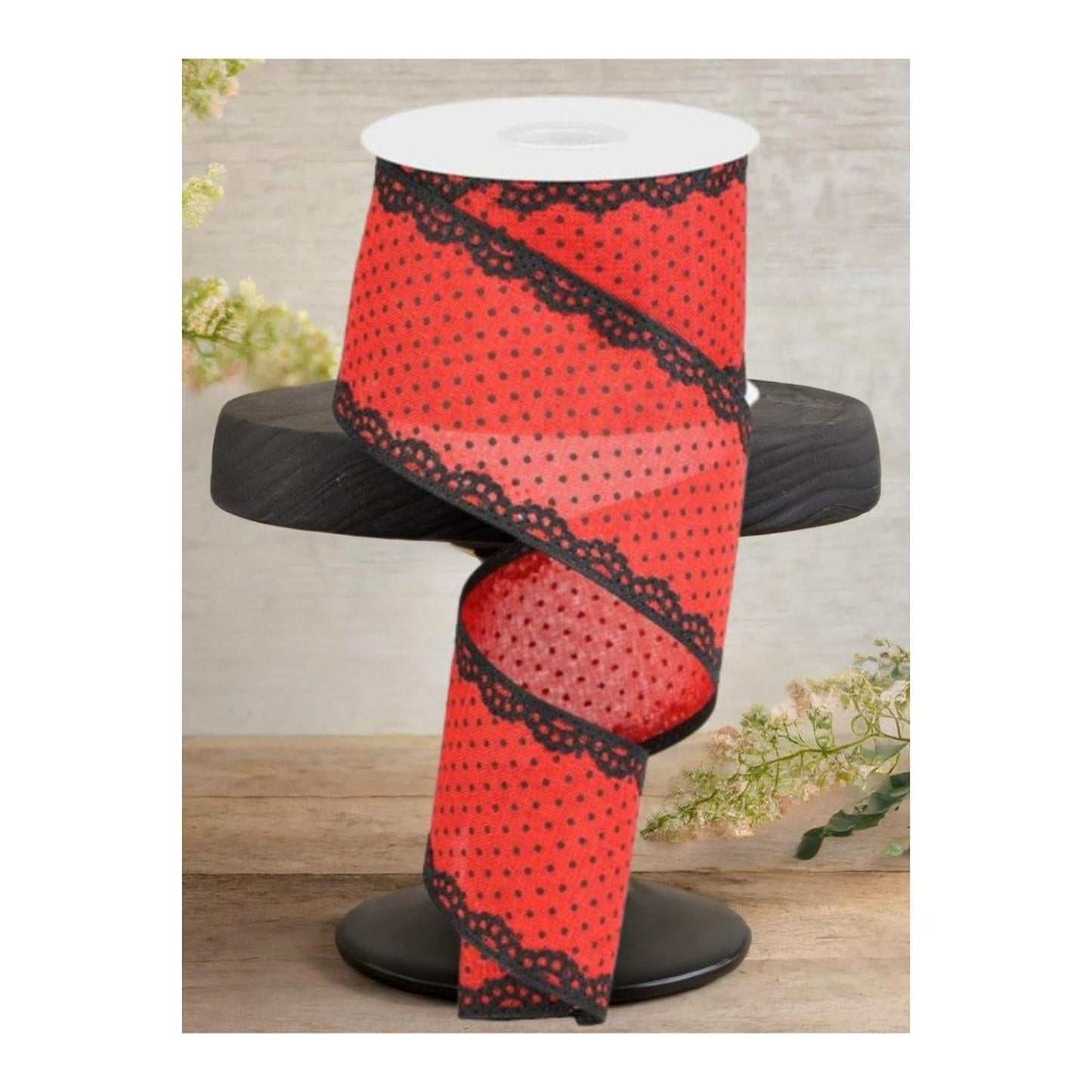 2.5" Swiss Dots Lace Edge Ribbon: Red (10 Yards)