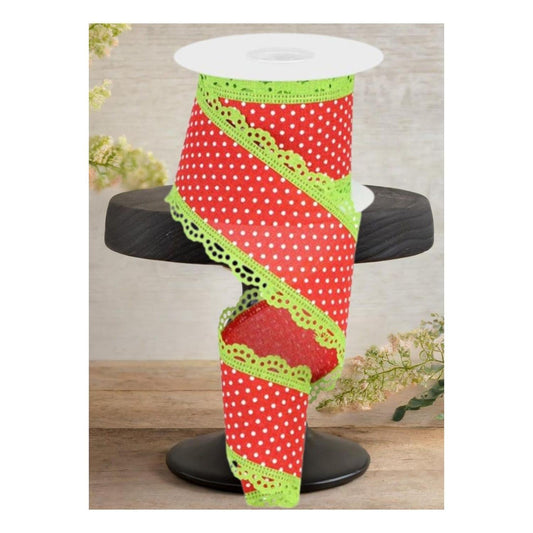 2.5" Swiss Dots Lace Edge Ribbon: Red/Lime Green (10 Yards)