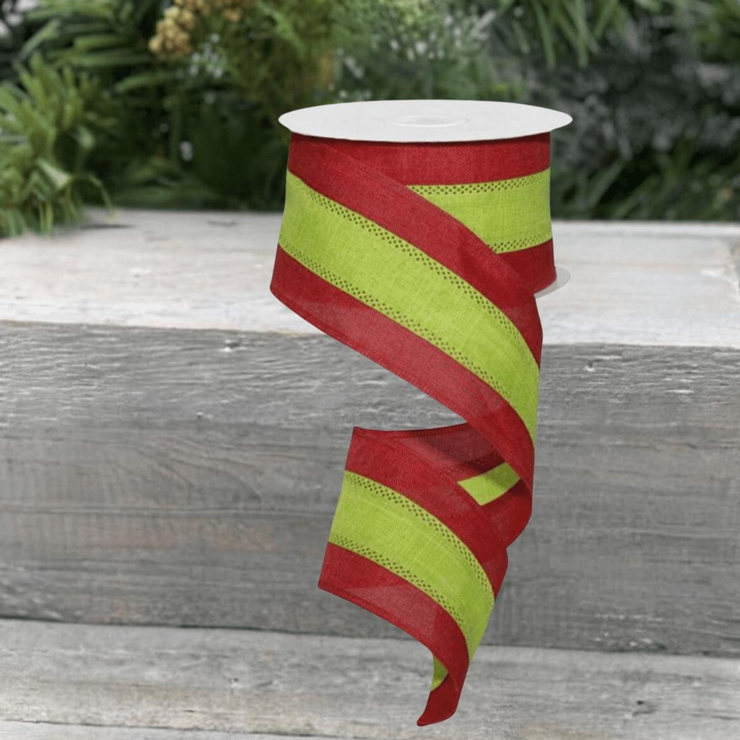 2.5" Tricolor Striped Ribbon: Red/Lime Green (10 Yards)