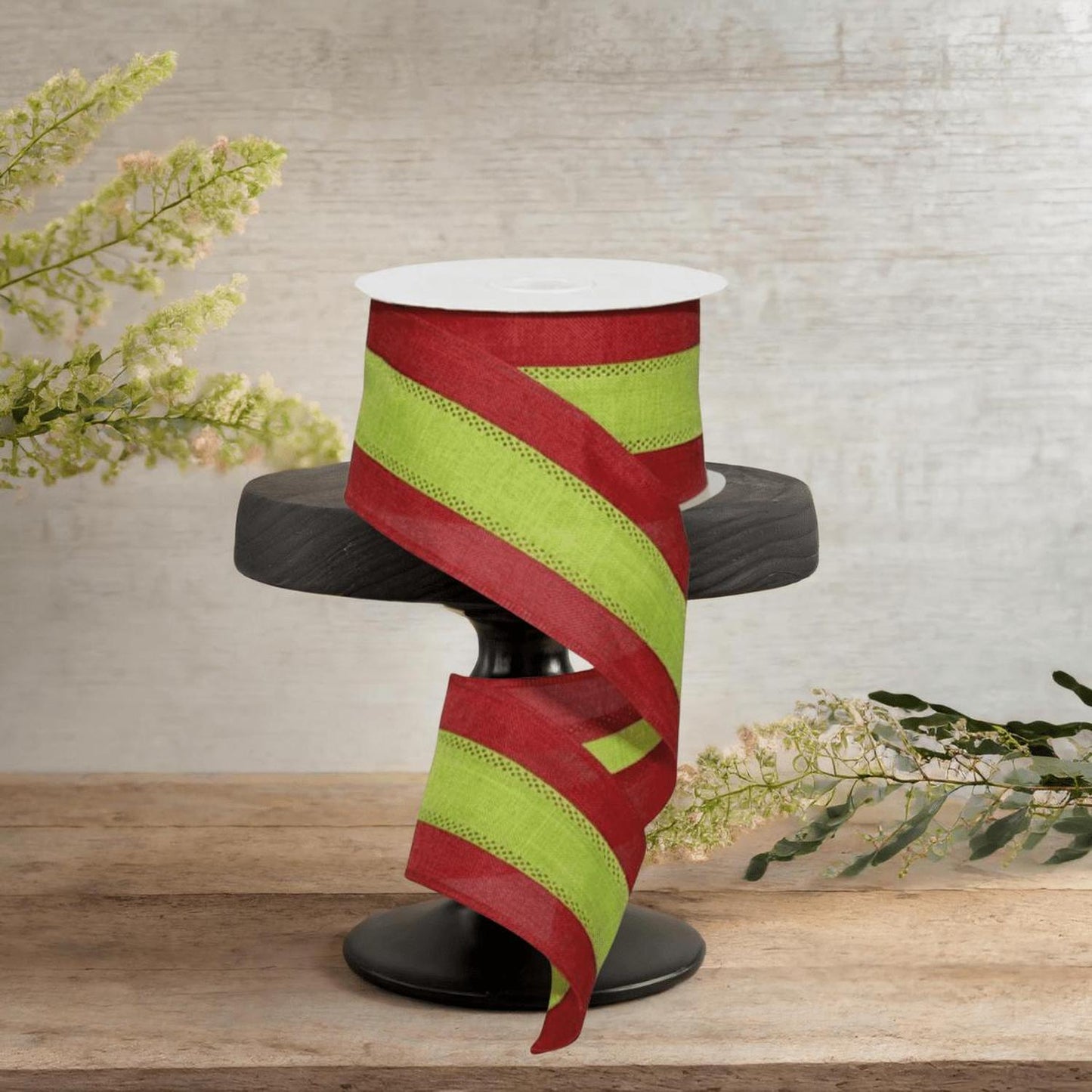 2.5" Tricolor Striped Ribbon: Red/Lime Green (10 Yards)