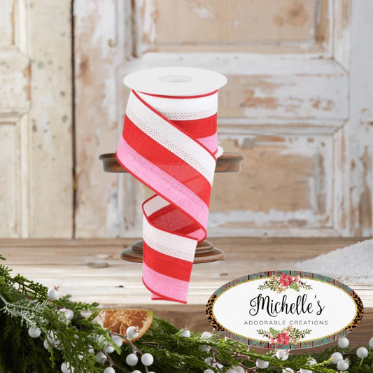 2.5" Tricolor Striped Ribbon: White, Pink, and Red (10 Yards)