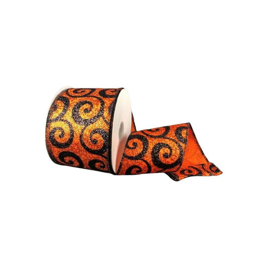 2.5" Ultra Glitter Swirls Ribbon: Orange & Black (10 Yards)