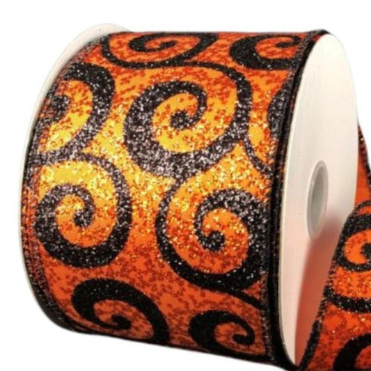 2.5" Ultra Glitter Swirls Ribbon: Orange & Black (10 Yards)