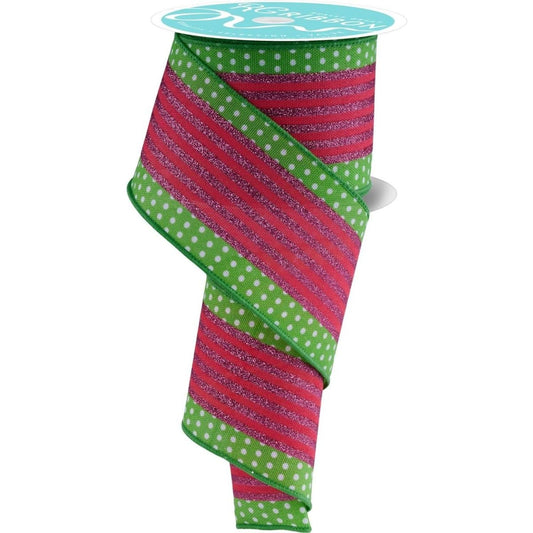 2.5" Vertical Stripe Polka Dot Edge Ribbon: Green, Red, Pink