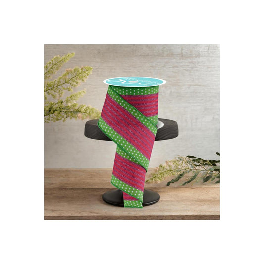 2.5" Vertical Stripe Polka Dot Edge Ribbon: Green, Red, Pink