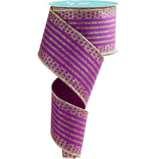 2.5" Vertical Stripe Polka Dot Edge Ribbon: Purple/Gold