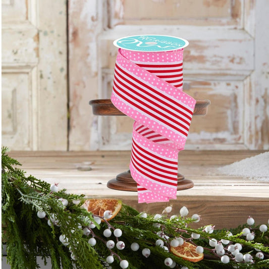 2.5" Vertical Stripe Polka Dot Edge Ribbon: Red/Pink (10 Yards)